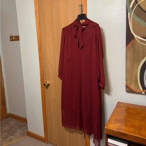 Evri Size 2X Red w/Geometric Print Long Sleeve Mid-Calf A-Line Dress w/Tie Neck